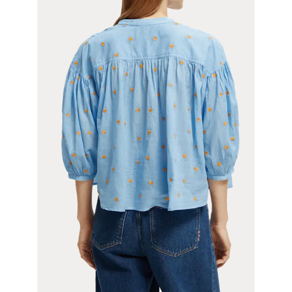 Scotch Soda Womens Blue Gathered 3/4 Sleeve Embroidered Top Size Medium NWT - Picture 2 of 11
